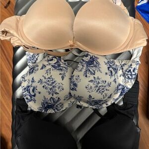Victoria's Secret Tan, Blue Floral, and Black Bra Trio
